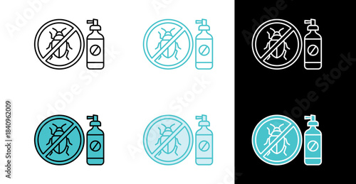 Pest control bug and spray bottle icon for insecticide treatment and home service in line and fill style