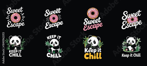 Pandas and donuts logos with sweet escape and keep it chill text bear cute