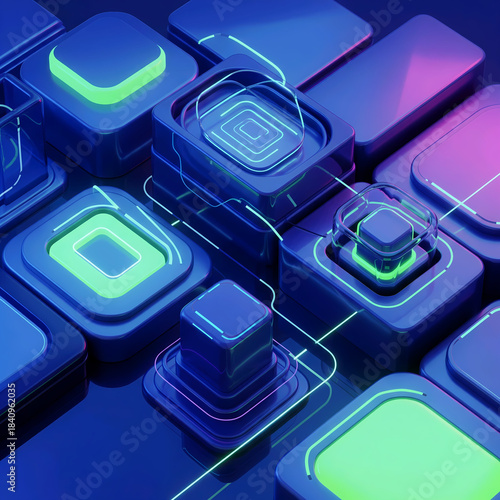 Abstract 3D Technology Background with Glowing Neon Blue Squares and Circuit Lines