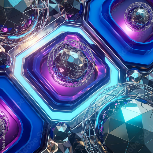 Abstract Futuristic 3D Geometric Background with Metallic Spheres and Neon Blue Purple Lighting