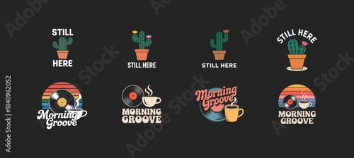 Retro Morning Coffee and Cactus Designs with Vintage Vinyl Records vector illustration