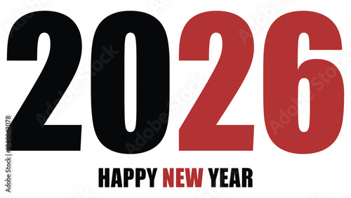 Bold 2026 Happy New Year typography design in black and red color scheme, perfect for holiday greetings, banners, cards, celebrations and festive promotions