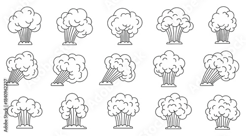 Collection of fifteen black line art explosion cloud icons blast bomb