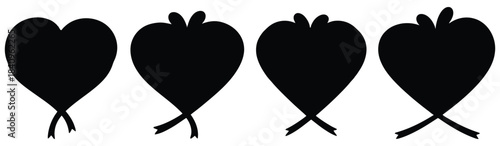 Four black heart shapes with different ribbon tails white background