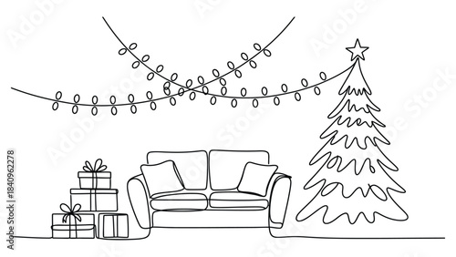 Minimalist continuous line drawing of a cozy Christmas living room with sofa, decorated tree, gifts and string lights, perfect for holiday designs and greeting cards