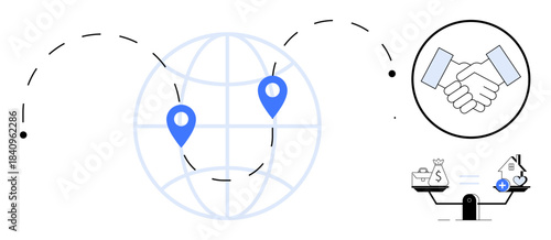 Global connections. Global connections ed by a world map, location pins, a handshake, and financial balance icons. Global connections for trade, business, finance, partnerships networking