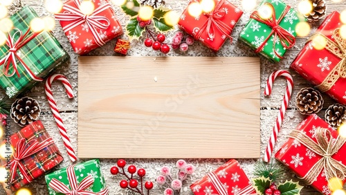 Blank Christmas Board with Gifts, Candy Canes, Holly, Ornaments, and Glittery Silver Decor