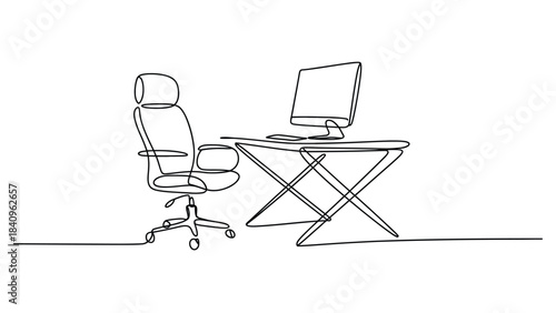 “Minimal one-line drawing of an office workspace with ergonomic chair, computer desk and monitor, simple continuous line art for work and productivity concepts”
