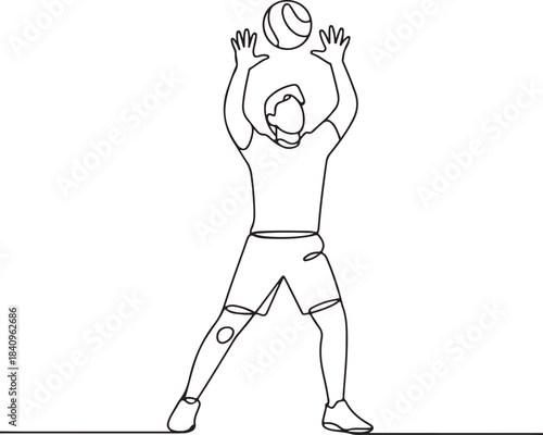 Continuous line illustration of a blocker anticipating the ball with two hands raised