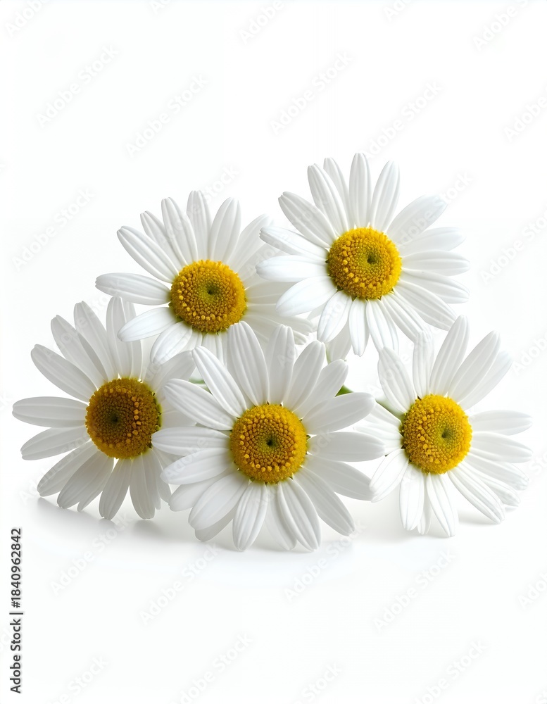 Obraz premium Five Fresh White Daisy Flowers with Yellow Centers Isolated on a Clean White Background.