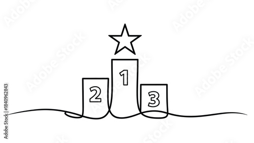 “Minimalist one-line drawing of a winner podium with numbers 1, 2, 3 and a star symbol, simple linear award illustration for success and achievement concepts”
