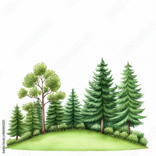 Bright Green Forest Scene with Various Trees and Open Grassland Area