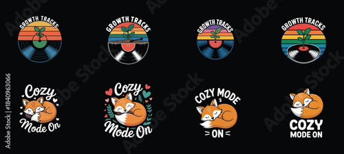 Cute sleeping foxes and growing plants on vinyl records logos cozy mode