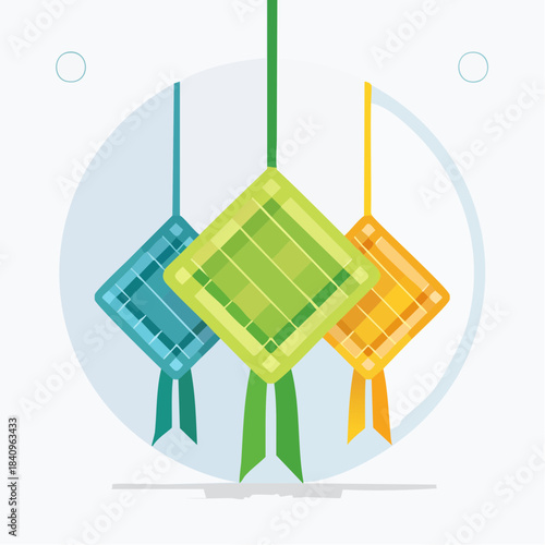 Three diamond-shaped ketupat decorations hanging on strings, showcasing vibrant colors