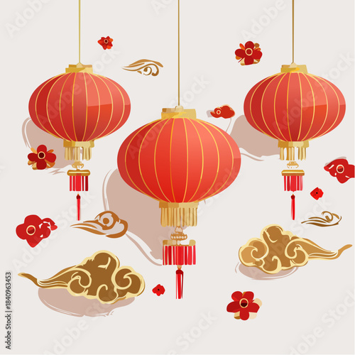 Vibrant illustration of festive traditional Asian decor, showcasing red paper lanterns, golden auspicious clouds, and floral elements, ideal for cultural celebrations