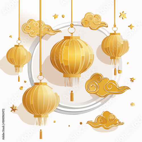 Golden Lanterns and Clouds A Festive Asian-Inspired Illustration for Celebrations