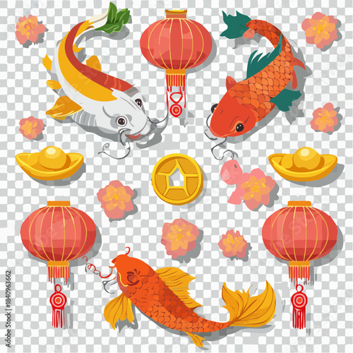 Vibrant Chinese New Year collection graceful koi fish, traditional lanterns, golden ingots, and cherry blossoms, symbolizing prosperity and good fortune