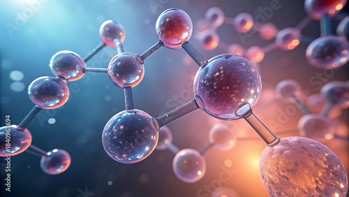 Fototapeta Naklejka Na Ścianę i Meble -  Abstract 3d rendering of a complex molecular structure or chemical bond, science and technology concept with blue and purple glowing atoms and connections in a dark, atmospheric setting