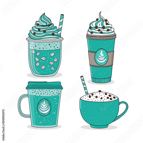 Teal Coffee & Cocoa Delights Collection Modern Cartoon Illustrations of Hot and Cold Beverages Perfect for Cafe Menus, Branding, or Digital Designs.