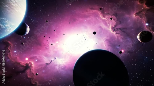 Vast Cosmic Nebula with Planets and Stars.