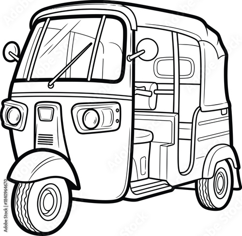 A classic threewheeled autorickshaw taxi shown in a clean black and white line art illustration.