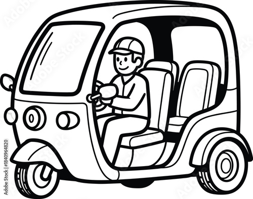 A simple black and white cartoon illustration of a smiling driver in a threewheeled microcar.