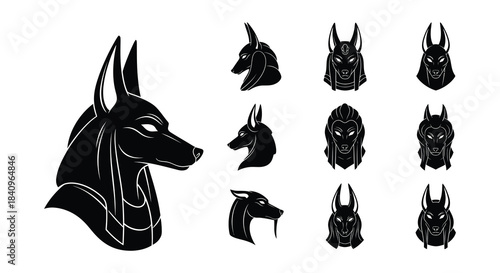 Ancient egyptian anubis jackal god heads illustration in black and white