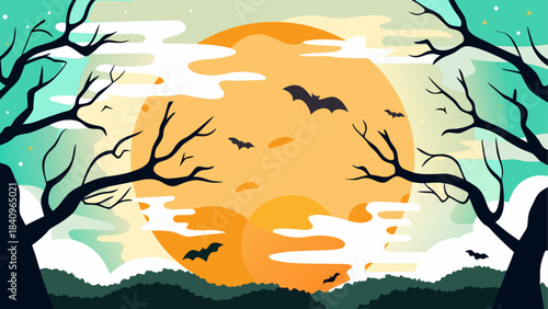 Bats flying over trees and moon halloween night