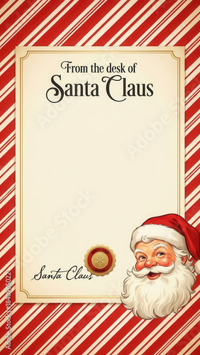 Retro Santa Claus letterhead with candy cane stripes, gold frame and smiling Santa portrait
