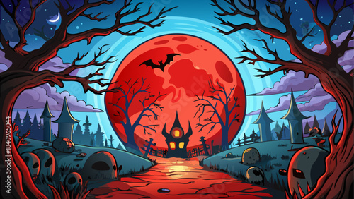 Spooky halloween night with haunted house and moon