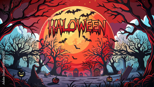 Halloween night scene with bats and pumpkins