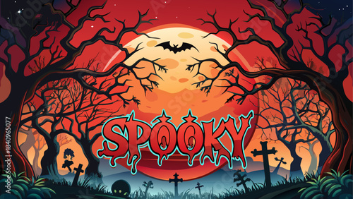 Spooky halloween night with bat and full moon view