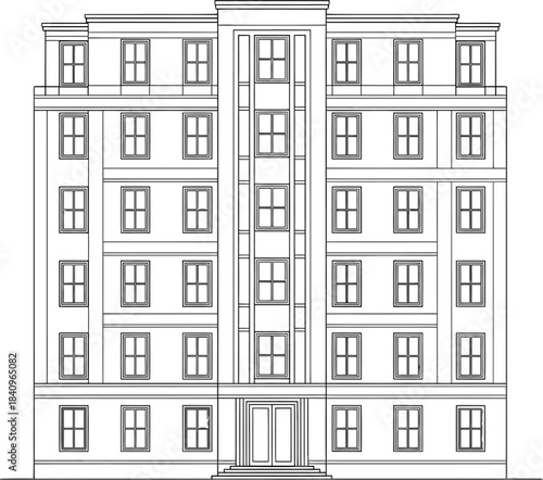 Architectural line drawing of a symmetrical multistory residential building facade with a central double door entrance.