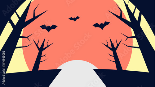 Halloween night scene with bats and bare trees