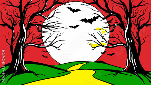 Spooky trees and bats against a full moon night