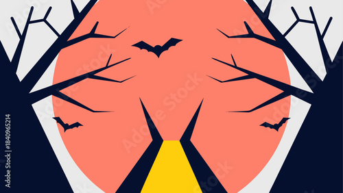 Bats flying over trees with orange moon behind them