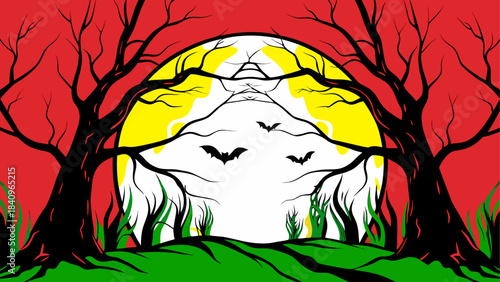 Bats flying over trees against a yellow moonscape