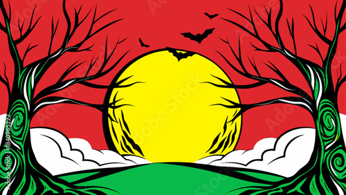 Trees and bats against a red sky and yellow moon