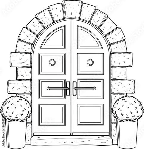 Black and white line art of a classic arched double door set within a rustic stone archway.