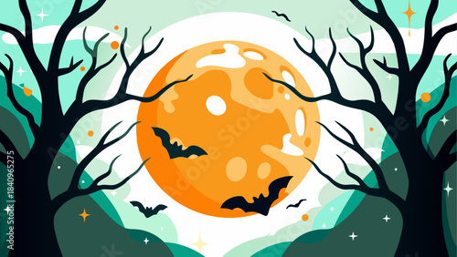 Halloween night scene with bats and full moon