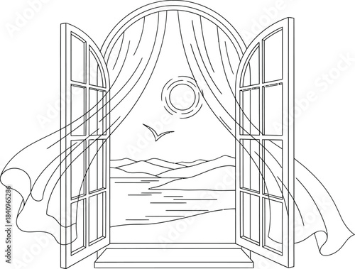 Black and white line art of an open arched window with flowing curtains revealing a sunny landscape with a river and bird.