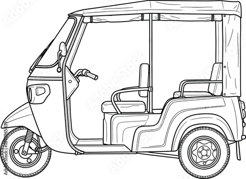 Detailed line art illustration of a threewheeled autorickshaw taxi Side profile view of a tuktuk with an openair design and canopy.