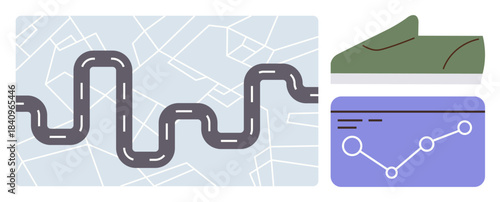 Winding road overlaying map, green running shoe, blue analytics chart connecting dots. Ideal for fitness, progress tracking, health goals, sports navigation, running apps, motivation simple flat
