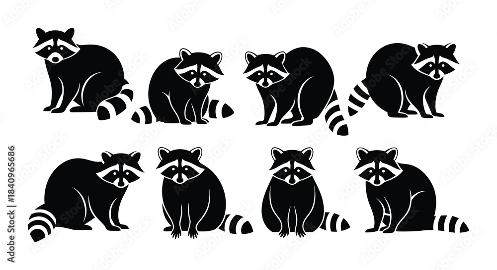 Obraz premium A collection of black silhouettes depicting raccoons in various poses