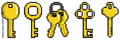 Set pixel key icon vector for access, security, and password interfaces. Symbolizes lock, control, and retro 8-bit digital authorization. Ideal for game inventory or app assets.