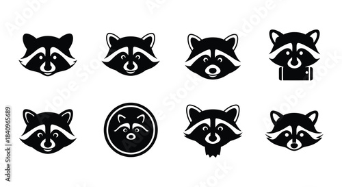 Collection of stylized raccoon head icons in various shapes and designs