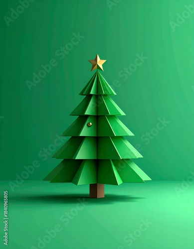 Minimalist Green Origami Christmas Tree with Star Topper on a Solid Green Background.