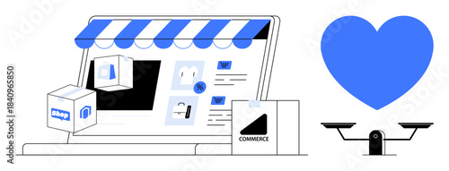 E-commerce, consumer behavior, online delivery, digital marketplace, balance, business growth. Digital storefront with products and shopping bags near a balance and blue heart. E-commerce