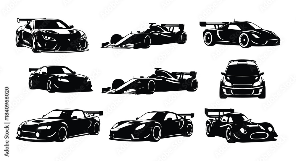 Fototapeta premium Collection of sleek black silhouettes depicting various high performance sports cars and racers