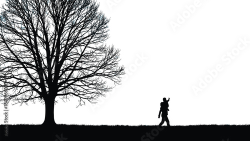 Father and Child Silhouette Vector Illustration: Carrying Son on Shoulders Walking Past Large Bare Tree Across Grassy Field, Concept of Family Bonding and Protection